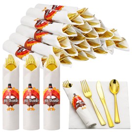 Meanplan 24 Pack Thanksgiving Turkey Cutlery Holders Pre Rolled Gold Plastic Silverware Set Thanksgiving Disposable Wrapped Cutlery Set with Knives Forks Spoons Napkins for Fall Party Friendsgiving