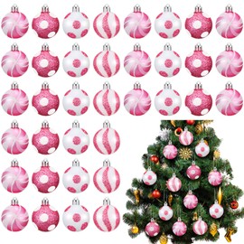 Lenwen 54 Pcs Christmas Balls Ornaments Mini Pink and White Christmas Tree Ornaments Xmas Striped Dots Shatterproof Plastic Hanging Ornaments for Tree Holiday Party Christmas Decorations, 1.18inch