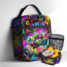 Wsotce Kids Lunch Bag Video Game Lunch Box For Boys Insulated Graffiti Gamepad Lunch Boxes Reusable Portable Cool Gaming Lunchbox For Kids Teens Picnic Travel Back to School Gifts