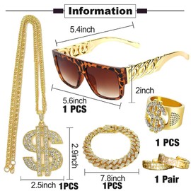 DOKLY 4 PCS Dollar Sign Pendant Necklace Ring Set,Metal Chain Necklace Earrings Sunglasses,80s/90s Hip Hop Costume Kit Hip Hop Rapper Costume Jewelry Punk Style for Men Women