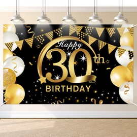 Jiusely 30 Birthday Decorations Banner, Birthday Decoration Banner Background, 180 x 110 cm 30 Birthday Banner, 30 Happy Birthday Banner, Black Gold Birthday Banner for 30th Party Birthday Decoration