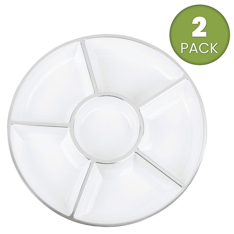 PLASTICPRO 6 Sectional Round Plastic Serving Tray/Platters White & Silver