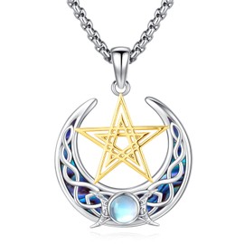 Eusense Pentagram Necklace Triple Moon Goddess Necklace 925 Sterling Silver Hecate Pendant Sun and Moon Pendant Jewellery Gifts Spiritual Amulet Wiccan Pagan Talisman for Men Women, Sterling Silver,