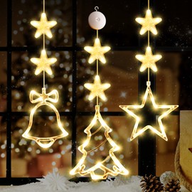 LYUBASA 3Pcs Christmas Window Lights Decorations, Battery Powered Christmas Window Hanging Warm White Lighted Tree Bell Star Shaped LED Sucker Lamp for Xmas Tree Fireplace Window Indoor Outdoor Decor