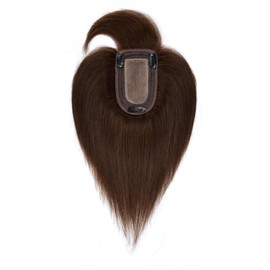 Charites Hair Toppers for Women Real Human Hair 7 Inch Long Straight Toppers for Women with Thinning 7 * 13CM Silk Base Clip in Hairpieces with Bangs (Medium Brown)