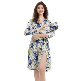 Galabloomer Maternity Robe and Baby Receiving Blanket, Matching Mommy Labor Delivery Robe and Swaddle Set (s, blue white)