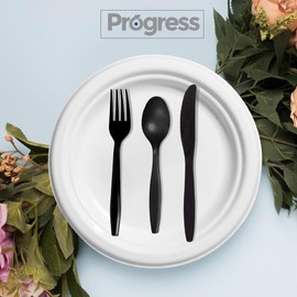 Progress [Combo Pack] Plastic Silverware Disposable Assorted Cutlery Set Premium Quality Count Large Pack Heavyweight Utensils Forks, Spoons and Knives Perfect Cutlery for Parties (300)