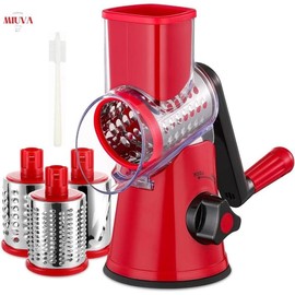 ONESHOW Rotary Cheese Grater with Handle - 3 in 1 Cheese Shredder Rotary Grater Stainless Steel Handheld, Vegetable Slicer for Fruit, Cheese, Nuts - Color: red