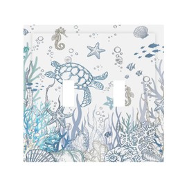 Nautical Blue Turtle Starfish Seahorse 2 Gang Double Toggle Outlet Light Switch Cover Mid Size Dual Device Wall Plate Electrical Faceplate Bedroom Decorate