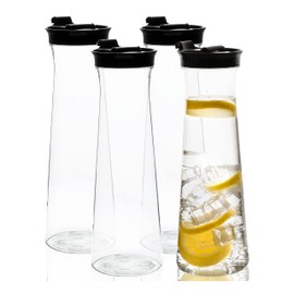 Jarras de agua de plástico transparente con tapa abatible negra de 34 onzas, jarra de bebidas resistente para jugos o café helado, ideal para bar de Mimosa, restaurantes de escuelas, paquete de 4