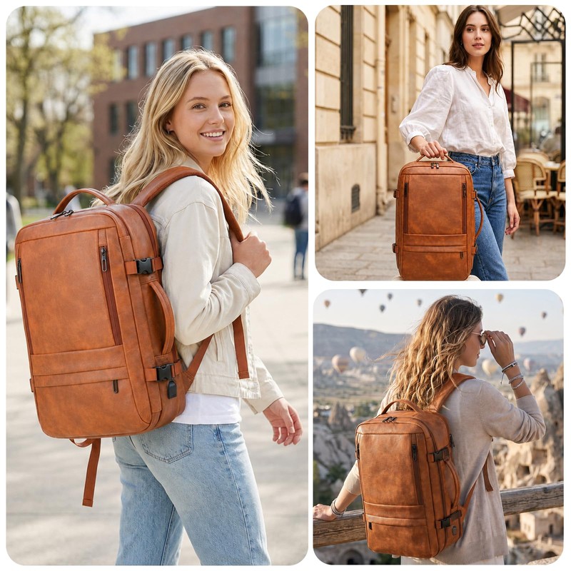Travel Backpack Women, PU Leather Carry On Backpack Flight Approved,