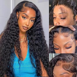 Nakkia 34 Inch Deep Wave Lace Front Wigs Human Hair 13x6 HD Transparent Lace Front Wigs Human Hair 180% Density Deep Curly Frontal Wigs Human Hair Pre Plucked Wet and Wavy Glueless Wig for Women
