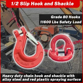 HENBOW 1/2" Clevis Slip Hook and Chain Connector Link,G80 Tow Trailer Safety Hook and Hammerlock Coupling Link,11600Lbs Working Load Limit for Lifting&Towing，Red(1 Hooks and 1 Connector Link)