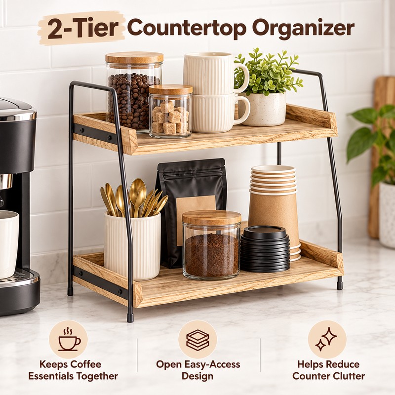Countertop Organizer for Coffee & Kitchen Essentials – Wooden Storage