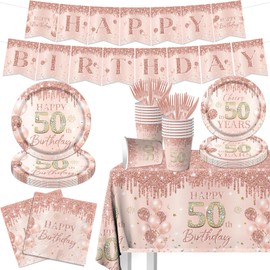 50th Birthday Decorations for Women,142pcs Rose Gold 50th Birthday Plates and Napkins Supplies Happy 50th Birthday Tableware for Women Birthday Decorations