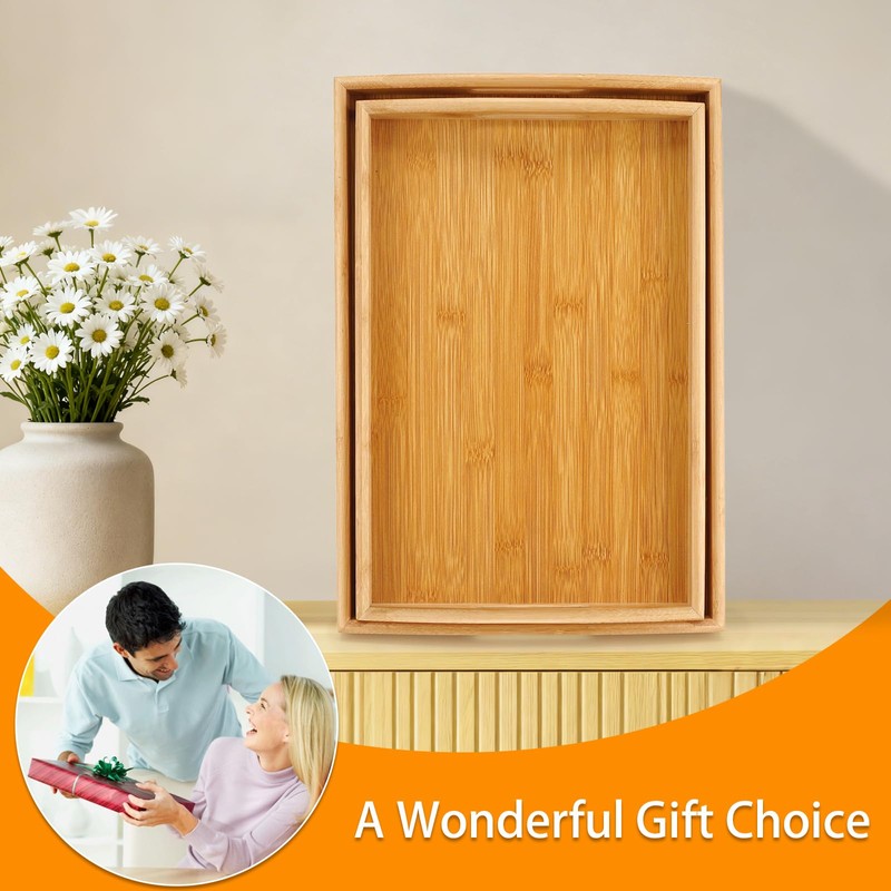 2 Pack Bamboo Serving Tray with Handles, Portable Bed Tray