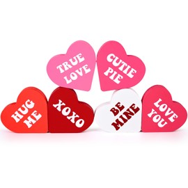 Uneedity 6 Pieces Valentine's Day Heart Shaped Wood Sign, Love Heart Shape Home Decor, Reversible Heart Tray Decor, Freestanding Table Decorations for Valentines Day Wedding Party, Double Side Printed