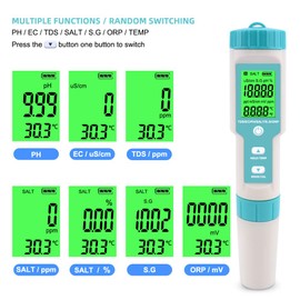 7 in 1 PH Meter Gomass 0.01 High Accuracy ph Tester Digital for Water TDS/EC/Salinity/Temp/ORP/S. G/PH Pen Tester Drinking Water, Hydroponics, Plants, Aquarium and Pool