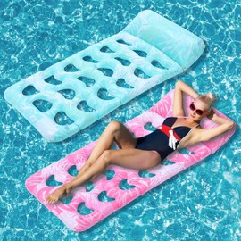 Briwooody 2 Pcs Inflatable Pool Float Mat Pool Floaties Rafts with Headrest Loungers Sun Tanning Floaty for Adult Cool Water Hammock Chair for Summer Swimming Pool Lake Beach Party Toys (Hole)