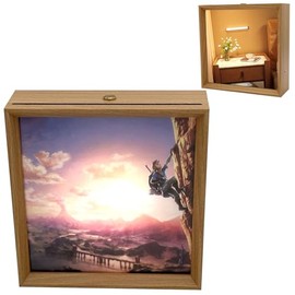 4-in-1 Wooden Picture Frame Wind Up Music Box with Mirror, Rechargeable 3-Color Touch LED Night Light Musical Gift for Women Girl Party Home Desktop Display (TheZelda-Storms)