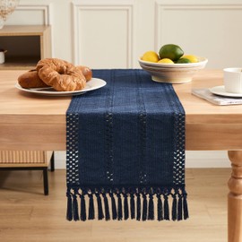 ZeeMart Macrame Style Boho Table Runner, Navy Table Runners 108 Inches Long, Farmhouse Woven Home Decor, 12x108 Inch, Navy Blue
