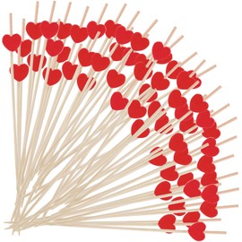 Amabro 100 Stück Herzförmige Cocktailspieße Aus Bambus, Zahnstocher Zum Valentinstag für Partyzubehör, Herzförmige Spieße Süße Zahnstocher Zum Dekorieren Von Cupcakes Obsttellern Hochzeitspartys (Rot)