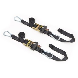 PowerTye 1.5in x 6.5ft Heavy-Duty Yellow-Zinc Ratchet Tie-Down Straps with Soft-Tye and Carabiner Hooks- 1,000 lb Working Load Limit / 3,000 lb Breaking Strength - Made in USA - Black/Black (Pair)