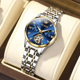 OLEVS Automatic Watches for Womens Luxury Diamond Hollow Tourbillon Womens Watches Moon Phase Two Tone Stainless Steel Small Wrist Ladies Watches Waterproof Luminous Blue Silver Dial