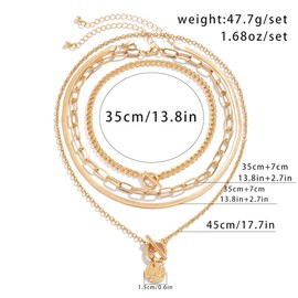 CYWQ 4pcs Layered Gold Necklaces Stack for Women,Chunky Gold Necklace Herringbone Paperclip Chain Necklace Retro Coin Medallion Pendant Necklace Jewelry Gifts
