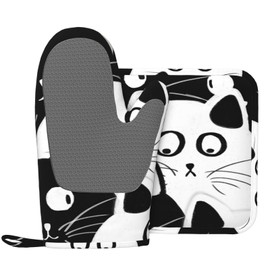 Indokyeyqaz Funny Cat Oven Mitts and Pot Holders Sets, Home Silicone Heat Resistant BBQ Gloves for Kitchen Baking Cooking Grilling Microwave