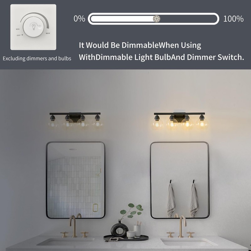 Ruibutrade Bathroom Light Fixtures, 4-Light Black Vanity Light with Hand-Blown