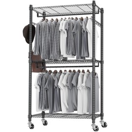 Himimi Heavy Duty Garment Rack Adjustable 3 Tiers Wire Shelving Rolling Clothes Rack with Double Rods and Side Hooks, Freestanding Wardrobe Storage Rack Metal Clothing Rack, Black