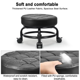 LWADALN Low Roller Seat Low Height Rolling Stool PU Leather Rolling Stool, Modern Rolling Chair for Home Office Garage Shop