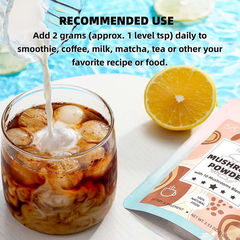 10 Mushrooms Powder, Mushroom Supplement Blend for Coffee, Beverages &