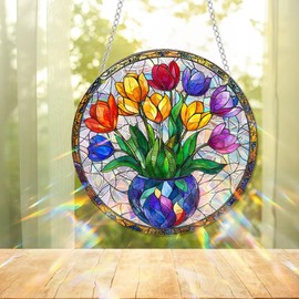 Sun Catchers Indoor Window Butterfly Sunflower Dragonfly Acrylic Suncatcher Window Hanging Decoration Sun Catcher Decor for Living Room Bedroom Summer Home Balcony Ornaments Decoration (Tulip)