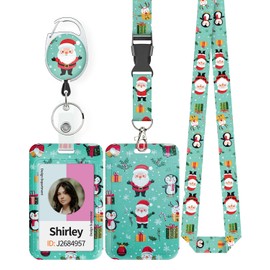 Uniclife Christmas Sliding Badge Holder Cartoon Santa ID Card Holder Retractable Badge Reel Carabiner & Removable Lanyard Strap Vertical for Women Nurse Teacher Student