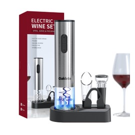 Oaklete 5-in-1 Electric Wine Opener Set Automatic Wine Opener Battery Operated Wine Bottle Opener with Wine Stopper, Wine Pour, Foil Cutter, Storage Base, Gift For Wine Lovers（Stainless Steel ）