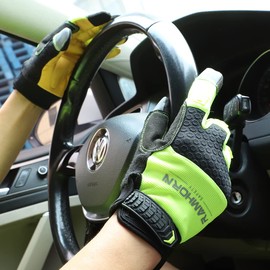 RAMHORN SAFETY Hi-ViZ Reflective Work Gloves Men And Women Utility Mechanic Working Gloves Touch Screen Flexible Breathable Palm Part leather Gloves (Green, L)