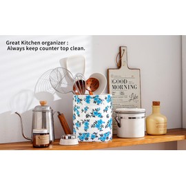 LEAZUL Kitchen Utensil Holder,7.2″Extra Large Stable Pattern Ceramic Utensil Crock,Utensil Organizer for Countertop,Kitchen Decor,Utensil Holder for Housewarming,Wedding Gift (Teal Blue)