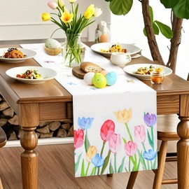 AONSOULE Easter Table Runner 13×72 Inch - Spring Floral Runner with Tulip and Butterfly Home Decorations, Spring Easter Table Decor