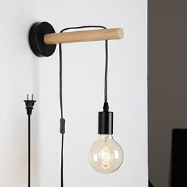 Anlampha Farmhouse Wall Lamp with Plug in Cord, Plug in Wall Sconces with Natural Wood Arm, Black Wall Mounted Lights Fixture with On/Off Switch for Living Room Bedroom Bedside hallways