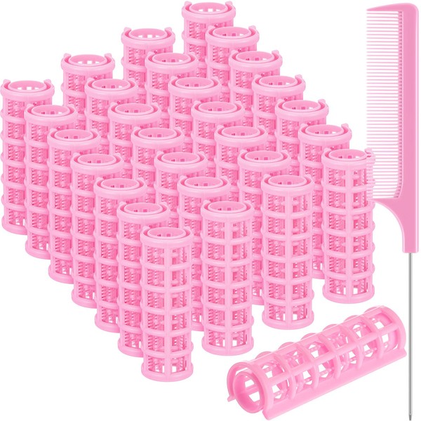 28 Pieces Hair Roller, 0.6 Inch/ 1.5 cm Small Size Plastic Hair Rollers Hair Curlers with Steel Pintail Comb Rat Tail Comb for Short Hair Long Hair Hairdressing Styling Tools (Pink)
