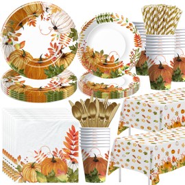 Xenorik Thanksgiving Party Decorations Tableware, Fall Autumn Leaves Pumpkin Theme Thanksgiving Paper Plates and Napkins Party Supplies, Plate, Cup, Napkin, Tablecloth, Disposable Cutlery, Serves 24