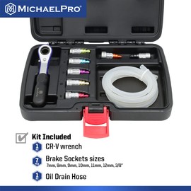 MichaelPro MP019003 Mechanic’s Brake Bleeder Wrench Set with 7mm to 12mm & 3/8-Inch 12-Point Socket, 47-Inch Length Oil Drain Hose Included