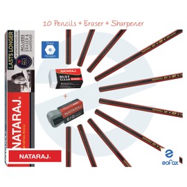 NATARAJ 10 Hexagonal Wooden Pencils + Eraser + Sharpener - Lasts Longer
