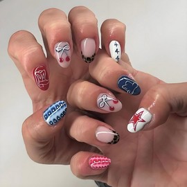 French Tip Press on Nails Short Oval Fake Nails Cute False Nails with Stars Cherry Leopard Print Designs Glossy Glue on Nail Full Cover Acrylic Nail for Women Girls 24Pcs