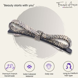 French Amie Chic Bow Tie 4" Large Opera Black Celluloid Acetate Handmade Hair Barrette Clips for Thin Hair Ponytail Durable Fashion Hair Styling Women Hair Accessories Barrettes for Girls, Made in France