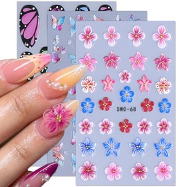 LPOODDNU 5D Butterfly Flower Nail Art Stickers Embossed Floral Nail Decals, 3 Sheets Exquisite Flowers Butterflies Design Nails Stickers Spring Nail Art Supplies Self Adhesive Nail Sticker for Women