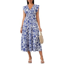 Milumia Summer Flowy Bohemian Dresses for Women 2024 Boho Floral V Neck Ruffle Hem Maxi Dress Floral Blue White Small