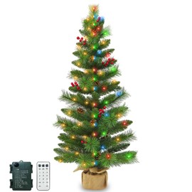 3 Ft Artificial Christmas Tree Remote Control Warm White and Colorful Change Light Pine Needles 12 Modes Timer 50 Lights Small Xmas Tree 12 Pinecones Red Berries Christmas Decorations Indoor Home Room